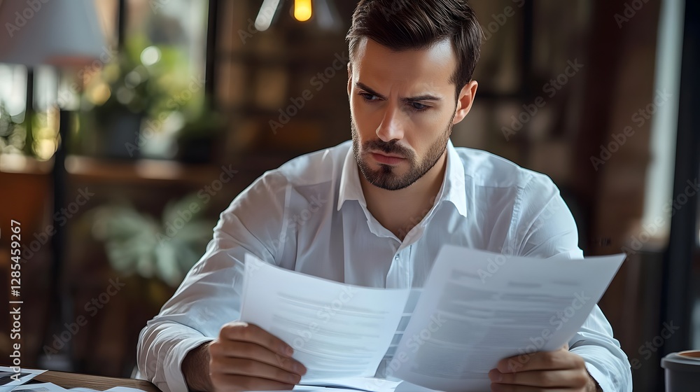 Poster focused man reviewing important documents in a cozy caf? setting with soft lighting and greenery