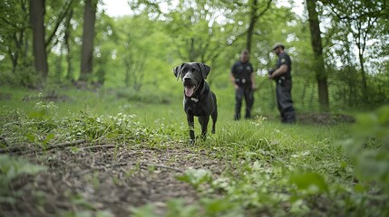 A canine cadaver dog carefully navigating through a dense forest its keen sense of smell and training guiding it to search for any hidden or concealed forensic evidence left in the remote