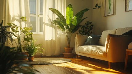 Cozy Living Room With Warm Sunlight and Lush Greenery, Inviting Atmosphere for Relaxation and Comfort