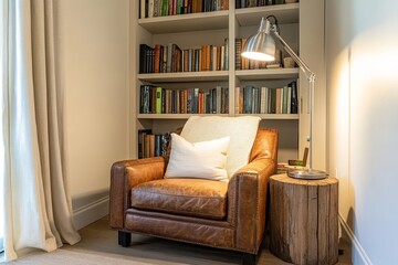 Cozy Reading Nook Featuring a Leather Armchair, Bookshelf, and Warm Lighting in a Modern Interior Space