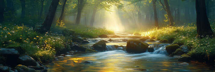 A serene landscape of a tranquil forest clearing with soft golden sunlight filtering through the lush green canopy, a gentle stream flowing over smooth stones. 