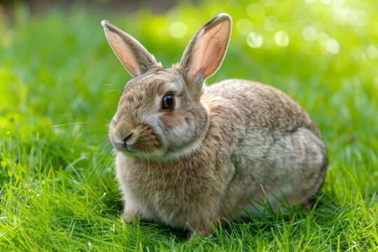 Wild rabbit, close-up on green grass backgroung