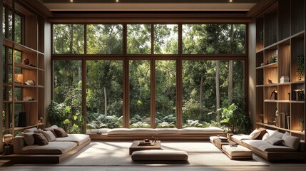Spacious Modern Living Room With Large Windows Showcasing a Lush Forest View During Daylight