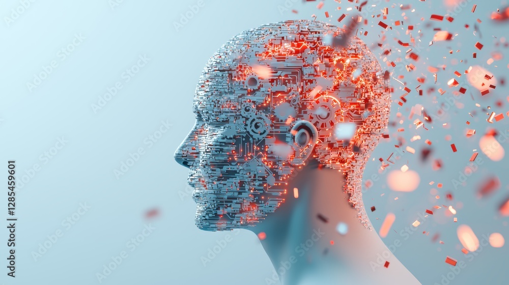 Poster a transparent human head silhouette filled with glowing gears, circuits, and algorithms, representin