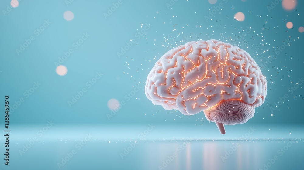 Poster a highly detailed, anatomically accurate human brain rendered in 3d, with glowing areas highlighting