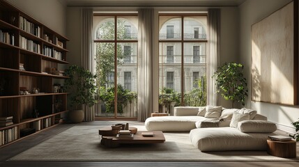 Spacious Modern Living Room With Large Windows Showcasing a Lush Forest View During Daylight