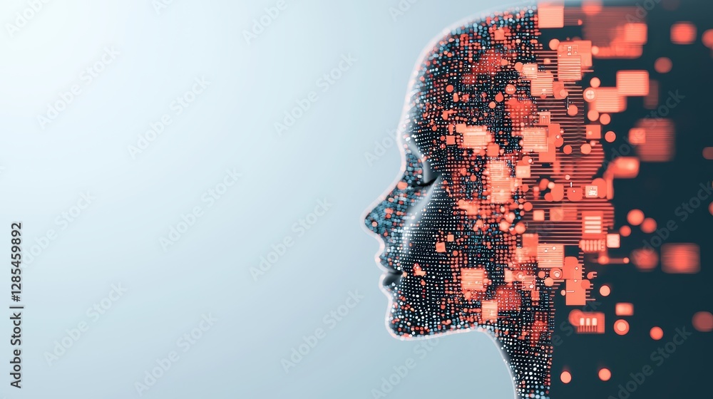Poster a transparent human head silhouette superimposed with a continuous stream of data points and algorit