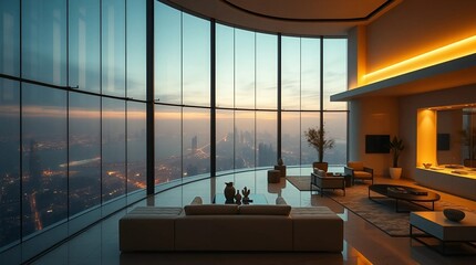 A cinematic view of a contemporary glass-walled penthouse with an open-concept interior and a sunset backdrop.