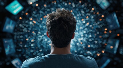 A panoramic view of a high tech control room filled with analysts working on multiple screens displaying complex data visualizations and real time analytics.