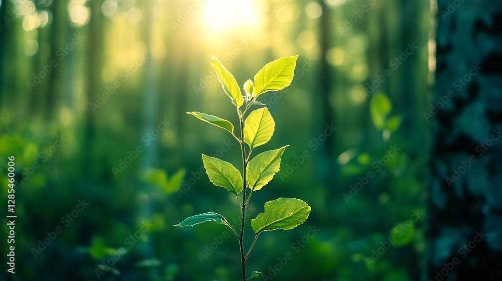 Poster sunlit green leaves in a forest creating a serene and lush atmosphere : generative ai