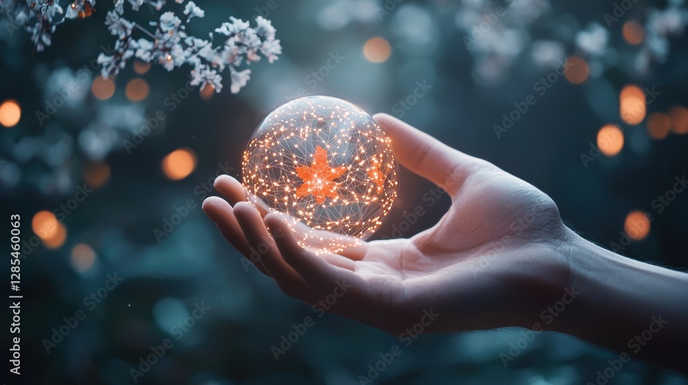 Poster a close up shot of a human hand holding a glowing orb, with intricate networks of data streams flowi