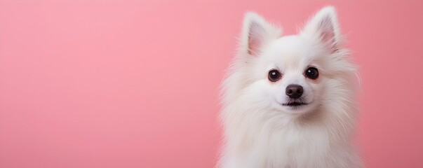 Obraz premium Cute White Dog with Fluffy Fur Posing Against Pink Background