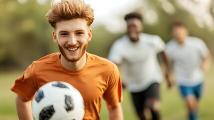 Happy Young Man Running With Soccer Ball During Outdoor Game