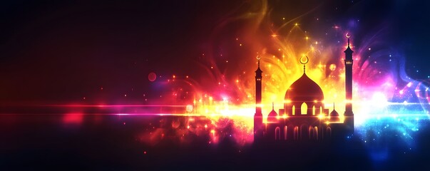Obraz premium Illuminated mosque silhouette glows against a vibrant colorful cosmic background