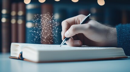 A close up shot of a hand writing diligently in a leather bound journal filled with notes and diagrams, surrounded by stacks of books, representing the pursuit of knowledge through traditional