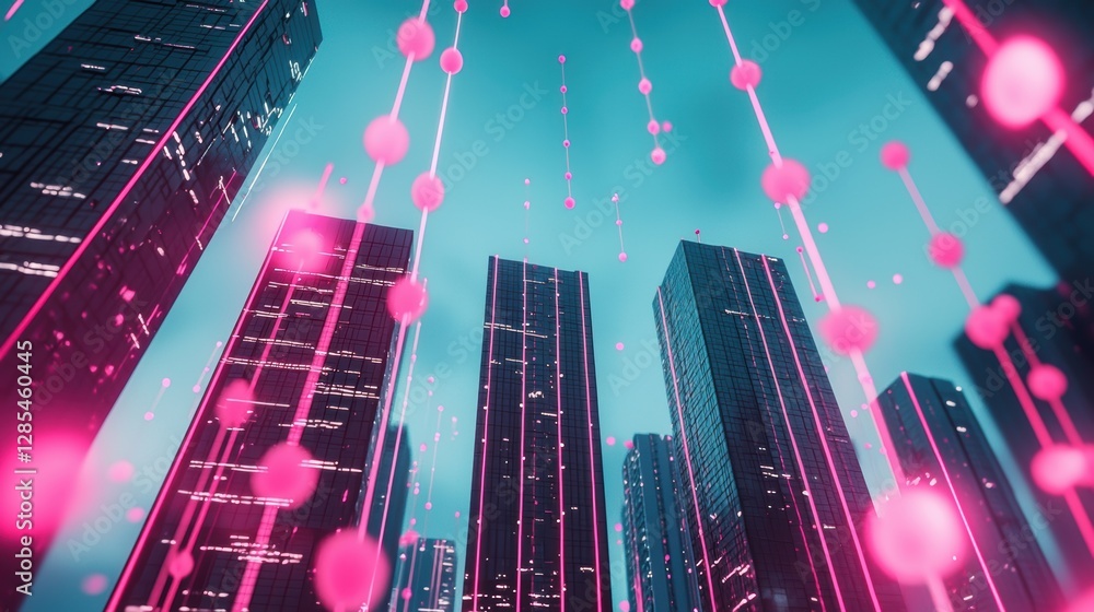 Poster a futuristic cityscape at night, with towering skyscrapers interconnected by glowing lines represent