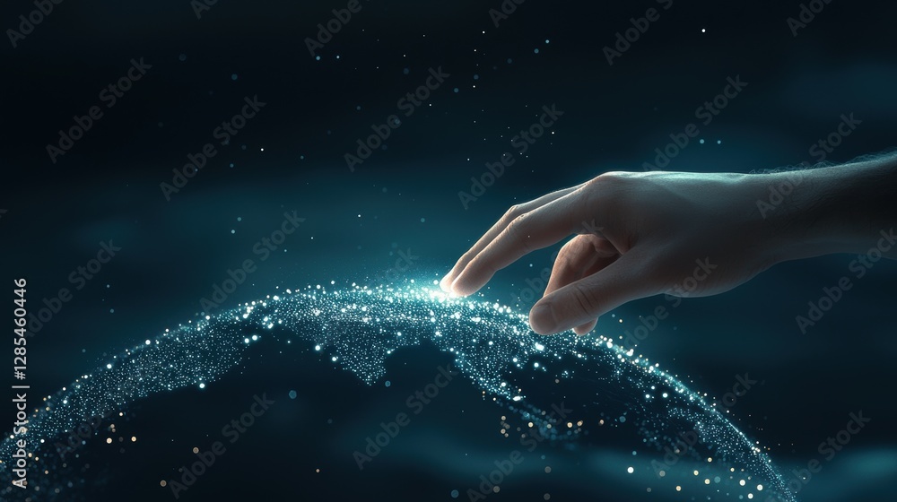 Aufkleber a hand reaching out to touch a holographic projection of a globe, with data streams flowing across c