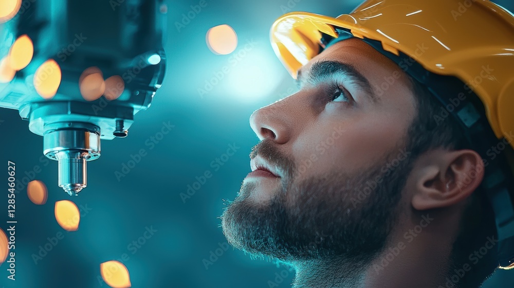 Poster an engineer working alongside a collaborative robot arm in a high tech manufacturing facility, demon
