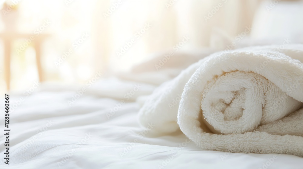 Poster Soft folded towels on a bed with gentle lighting creating a cozy and inviting ambiance : Generative AI