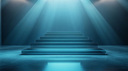 Empty winners podium with clean, reflective glass steps, surrounded by soft spotlighting on a pristine stage 