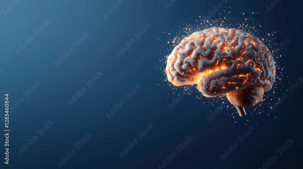Poster a human brain rendered in 3d with glowing neural pathways forming interconnected nodes, representing