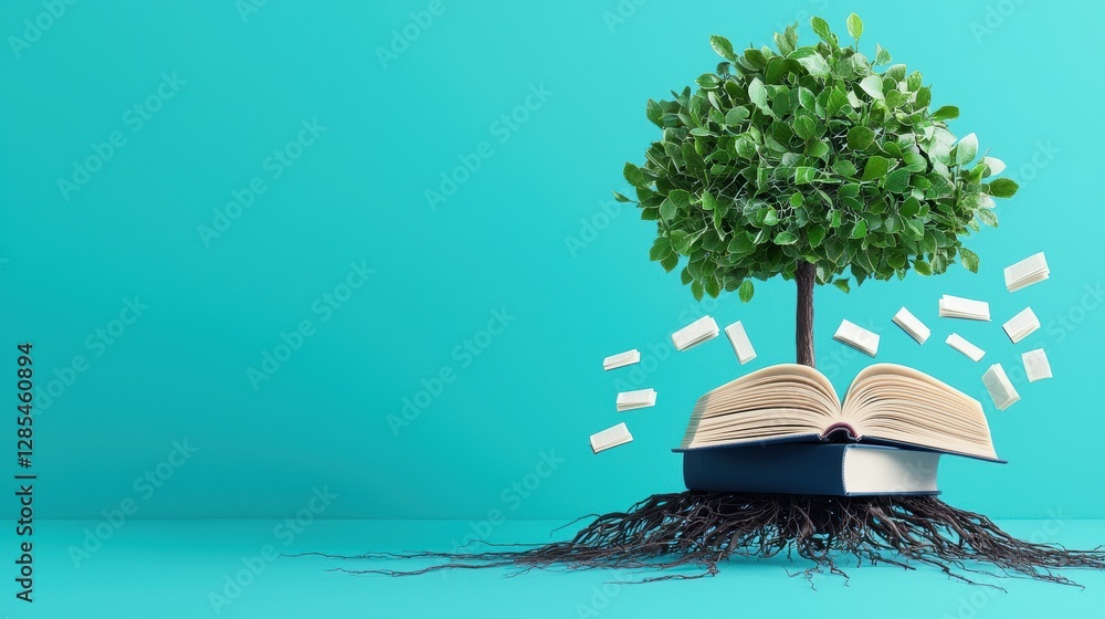 Poster a tree with roots growing into a network of interconnected books, symbolizing the foundation of know