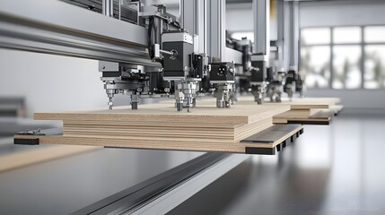 A close up view of the press plates in a manufacturing facility tightly bonding layers of plywood under intense pressure as part of the industrial production process