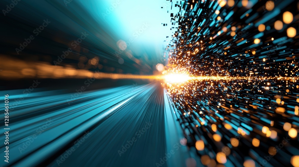 Poster an abstract representation of a singularity event, with light and data converging into a single poin