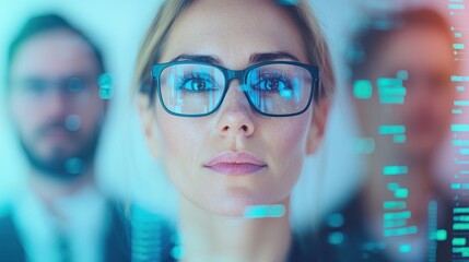 Remote work telecommuting digital trends concept. A focused professional woman wearing glasses, with a digital overlay, suggesting a theme of technology and innovation in a corporate environment.
