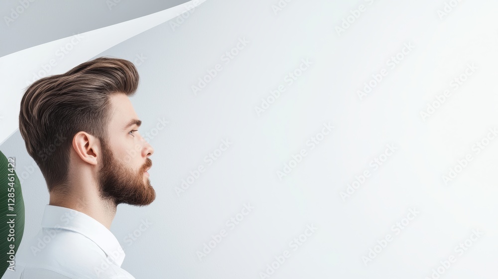 Poster a minimalist workspace with a dual monitor setup against a clean white background, emphasizing the f