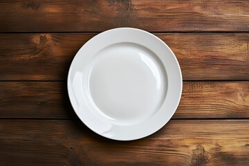White Plate on Wooden Background, Top View, Mockup Design Template, Wide-Angle Lens, Daylight, High-Detail, Photorealistic