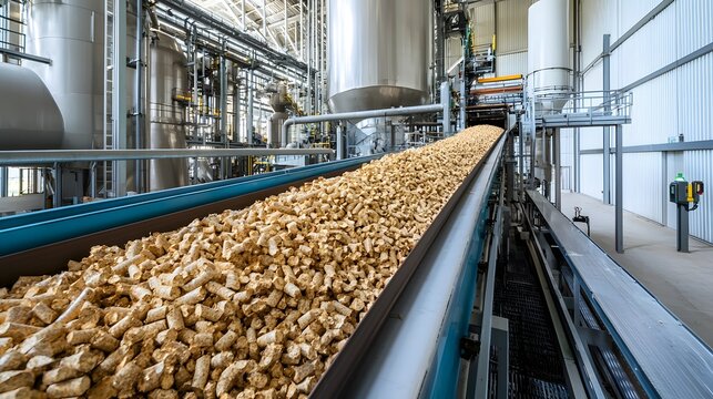A conveyor belt carrying freshly cut wood chips into a large industrial digester part of a sustainable biomass processing facility for renewable energy production