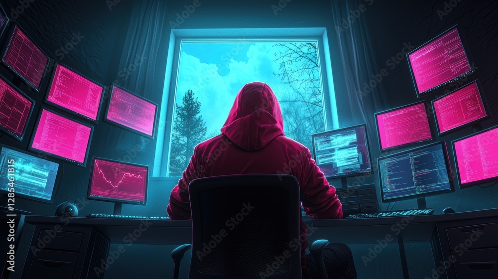 Poster a hooded figure in a dark room illuminated by the glow of multiple computer screens, working on cybe