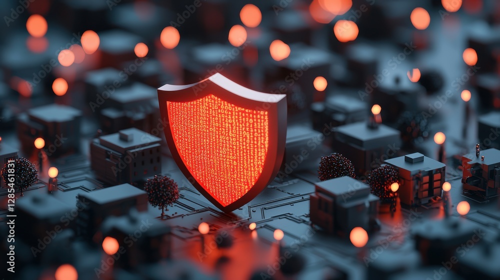 Poster a graphic illustration of a shield protecting a computer network from cyberattacks, with glowing lin