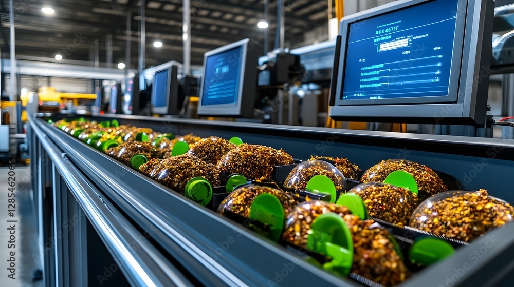 Aufkleber automated zero-waste facility separating waste into reusable components with digital efficiency