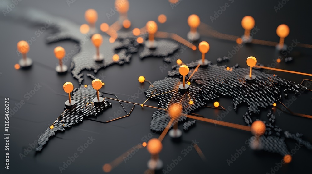 Poster a graphic illustration of a world map with interconnected nodes representing servers and data center