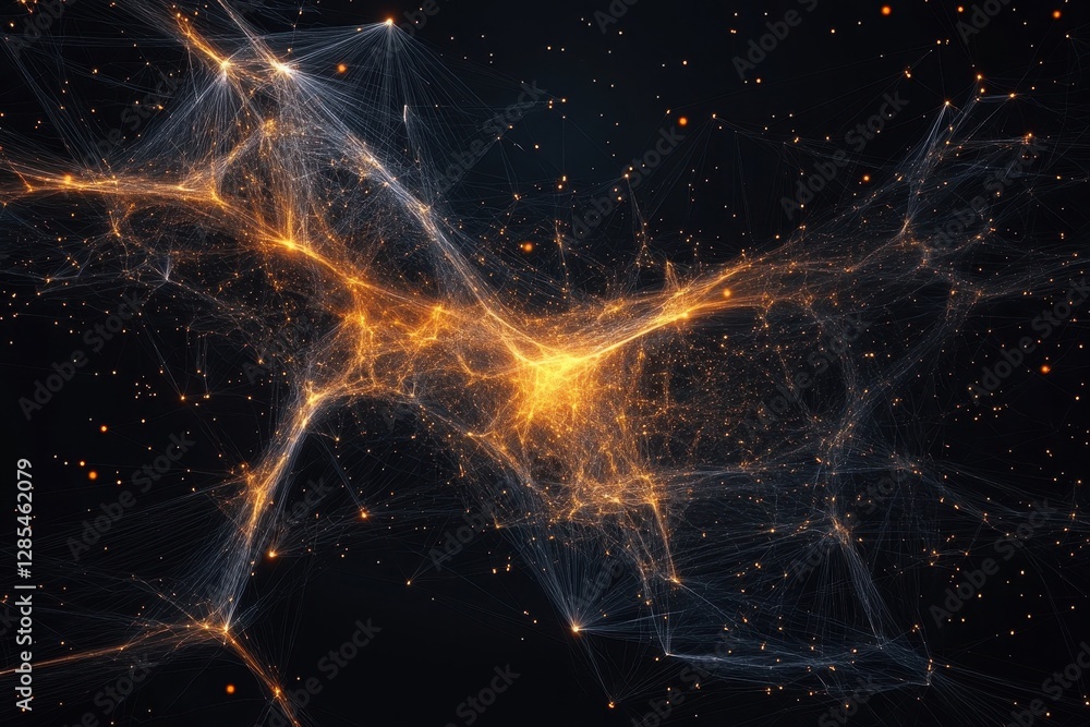 Poster glowing and flickering particles create an abstract cosmic landscape in vibrant colors and intricate