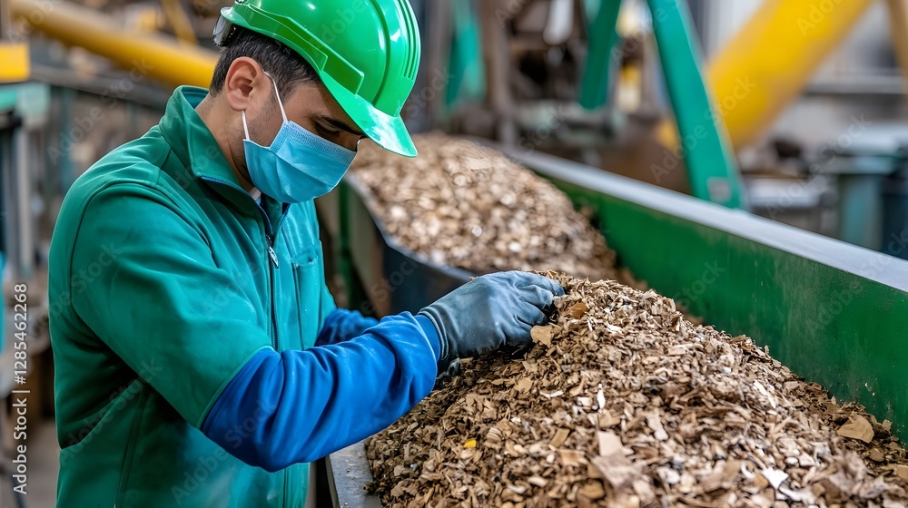 Poster worker operating machine to compress scraps into reusable raw materials for zero-waste philosophy