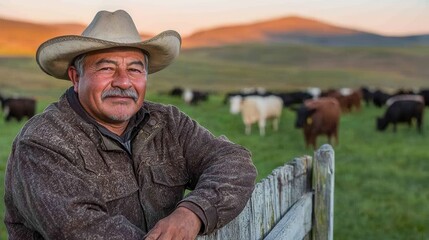 Cowboy Standing By Fence on Ranch with Cattle Grazing in Background