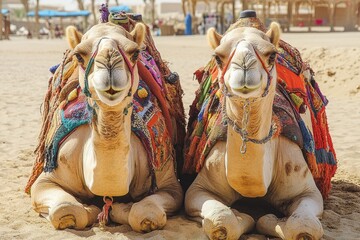 Two camels resting under the sun while enjoying a meal at the zoo during a bright day, Two camels eating and resting on a sunny day Zoo animals resting