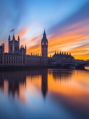 Obraz premium Iconic View of Big Ben and Houses of Parliament Under a Dramatic Sunset Sky : Generative AI