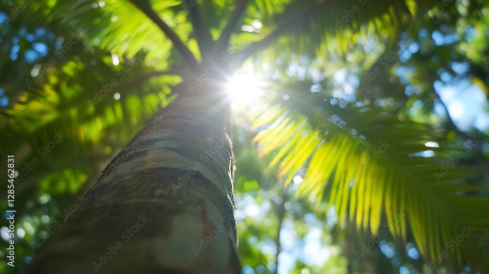 Poster Sunlight filtering through green palm leaves creating a vibrant tropical atmosphere in nature : Generative AI