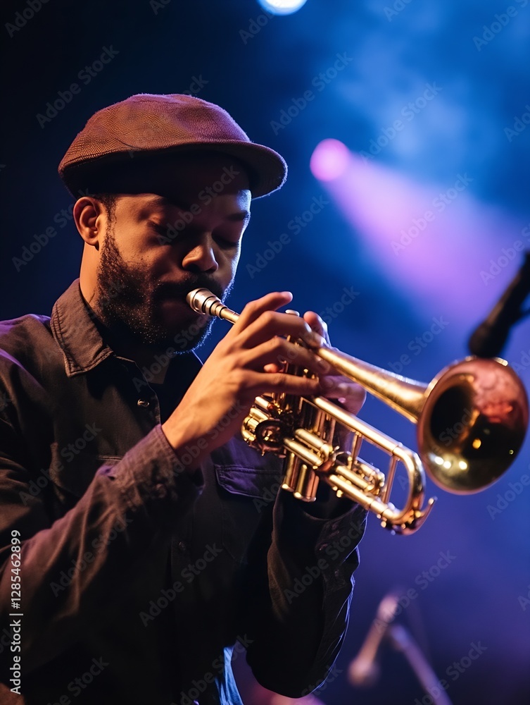 Poster jazz musician passionately playing trumpet on stage with colorful lighting creating a vibrant atmosp