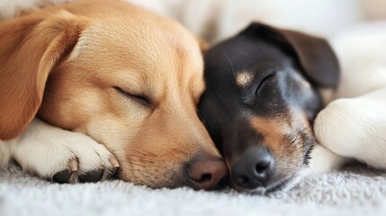 Two adorable dogs sleeping peacefully together showcasing friendship and comfort in a cozy setting : Generative AI