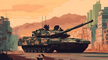 Military tank in serene landscape, armored vehicle stationed near hills and trees, highlighting strength and resilience.