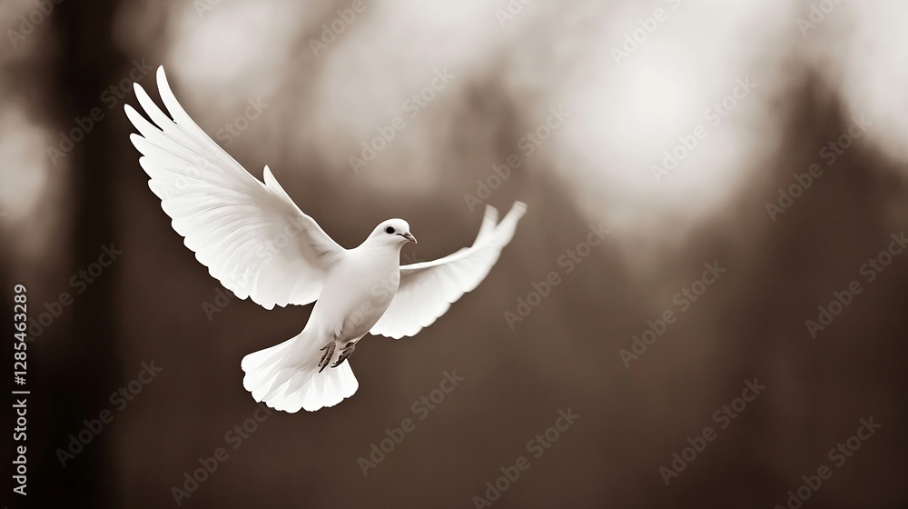 Poster majestic white dove in mid air with open wings and calm background : generative ai