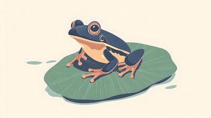 Obraz premium Colorful frog resting on a lily pad, vibrant amphibian in nature, serene habitat showcasing wildlife and tranquility.