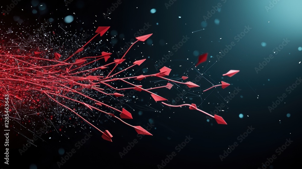 Poster an abstract representation of a cyberattack with glowing red lines and arrows targeting a network of
