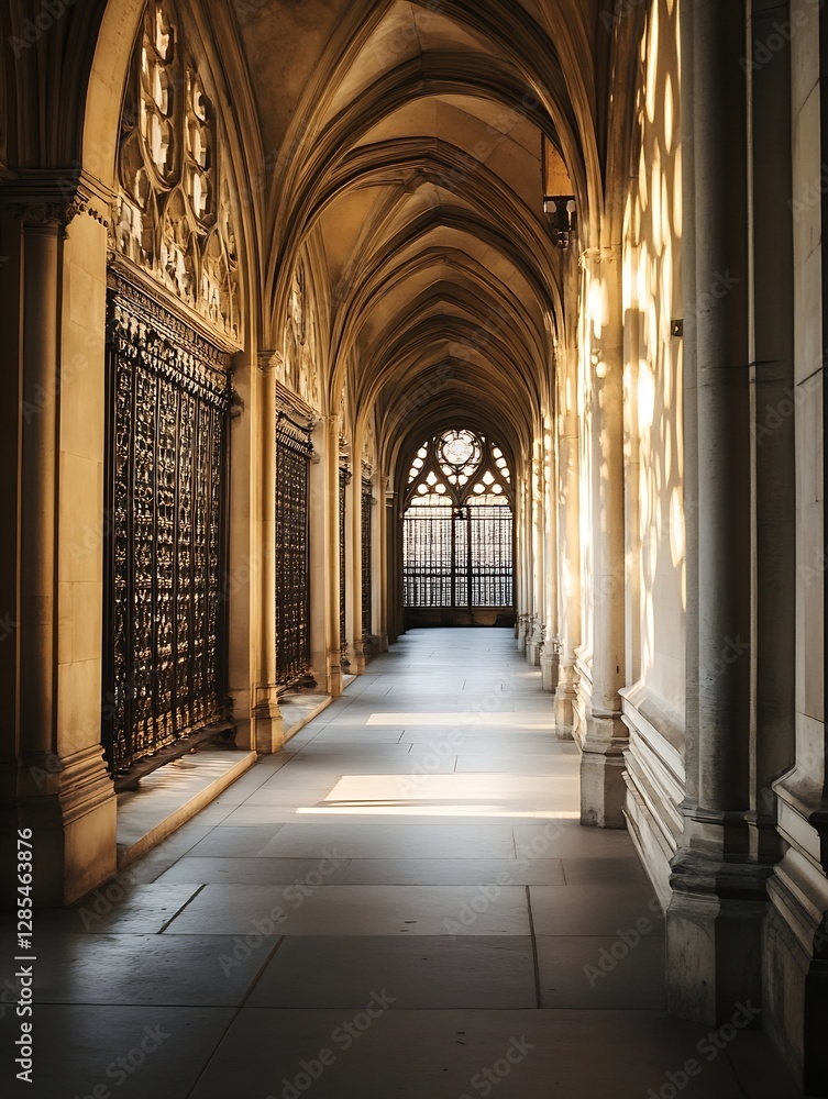 Poster elegant gothic architecture of an arched corridor with dramatic shadows and beautiful light patterns