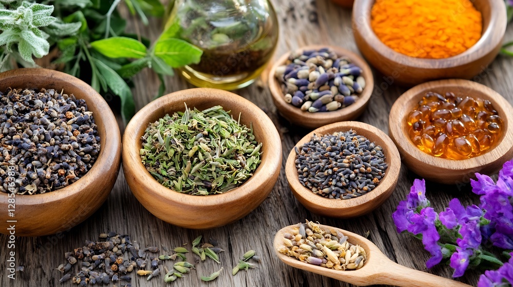Poster assorted herbal spices and dried ingredients meticulously arranged in bowls for culinary use : gener